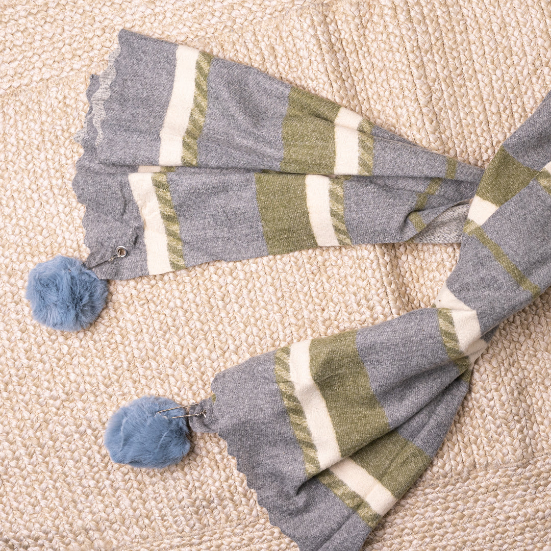 Printed Woolen Cashmere Hijab – Winter Striped Shawl with Tassels for Women