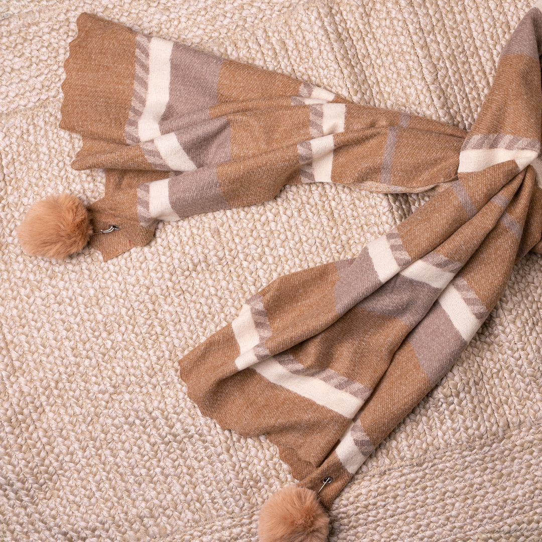 Printed Woolen Cashmere Hijab – Winter Striped Shawl with Tassels for Women